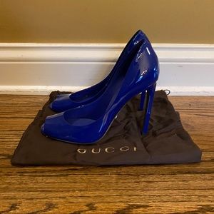Gucci Blue Patent Leather peep toe pumps
